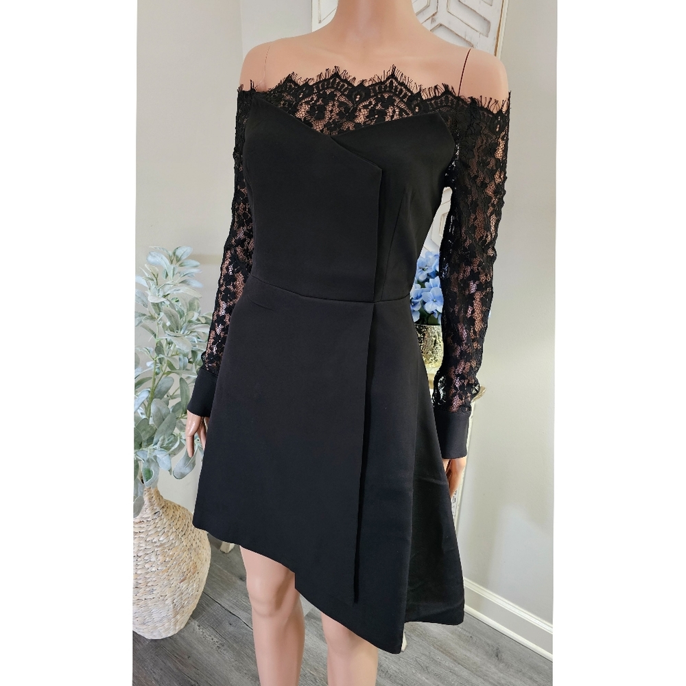 Chicwish Black Lace Sleeves Off-Shoulder Asymmetric Flare Mini Dress